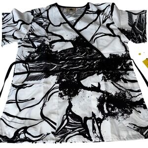 Black Star Women XS Scrub Top Black White Abstract Floral Wrap Back Tie 708